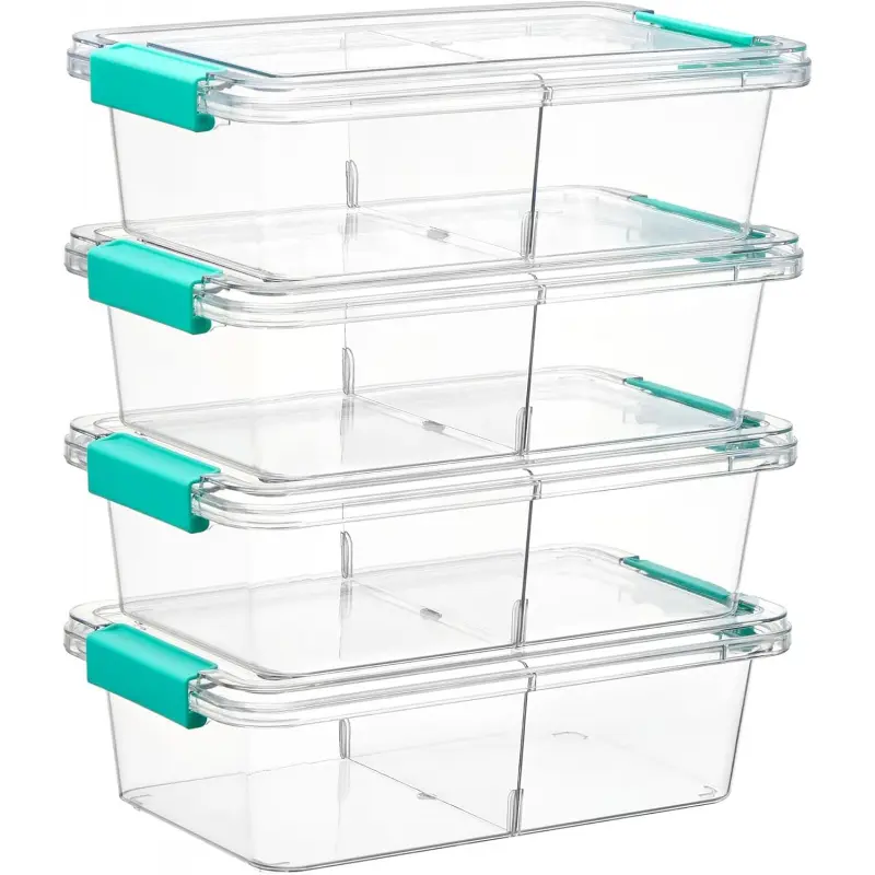 4 Pack 1.5Qt Clear Pencil Box, Plastic Pencil Holder with Removable Divider for Pen Organizer, Small Stackable Containers with Lid for Pen, Art Craft, Sticker, Scrapbook & Office Supplies