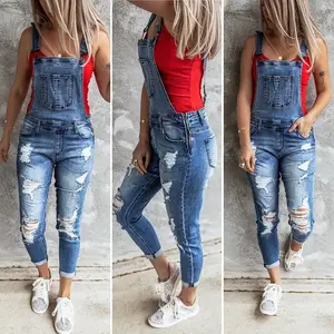 Women's Stretchy Ripped Y-Strap Wide-Band Skinny Denim Overalls