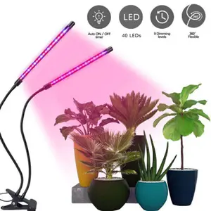 2 Heads 40 LEDs Full Spectrum Clip-On Plant Grow Light For Indoor Hydroponics, LED Grow Lights With Red Blue Bulbs , Auto On/Off Timer  3 / 6 / 9 / 12 Hrs