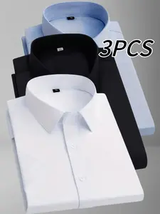 Men’s three-pack casual business formal short-sleeve shirts, solid color turn-down collar tops, comfortable breathable fabric, lightweight button design, non-see-through material, suitable for summer dinners, office wear, and parties