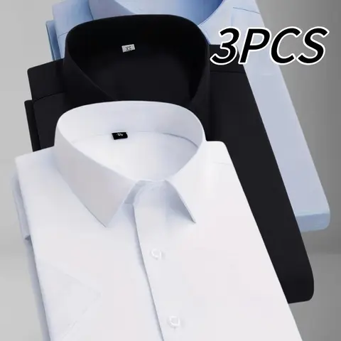 Men's 3-Pack Solid Color Short-Sleeve Dress Shirts - Turn-Down Collar, Button-Front, Comfortable Breathable Lightweight Non-See-Through Fabric, Office & Dinner Wear, Beige Tops