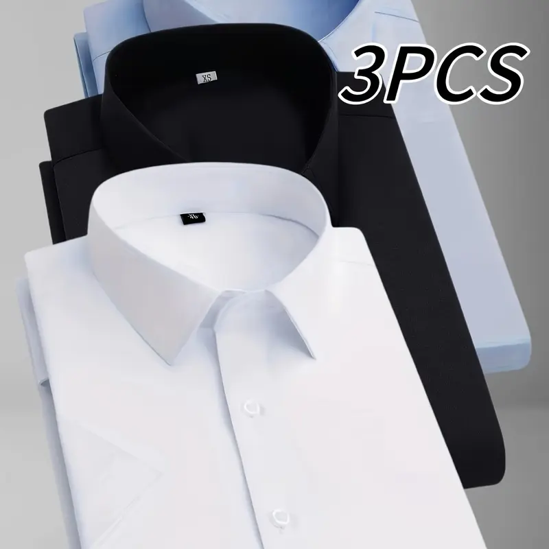 Men's 3-Pack Solid Color Short-Sleeve Dress Shirts - Turn-Down Collar, Button-Front, Comfortable Breathable Lightweight Non-See-Through Fabric, Office & Dinner Wear, Beige Tops