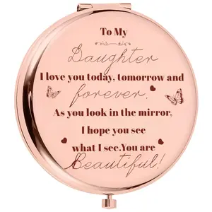 To My Daughter Elegant Compact Mirror, Round Compact Mirror Bulk, Double-Sided 1X/2X Magnifying Purse Pocket Makeup Mirrors, Cute Small Pocket Mirror for Gift, Travel Essentials, Gifts for family and friends, Travel Hand Mirrors