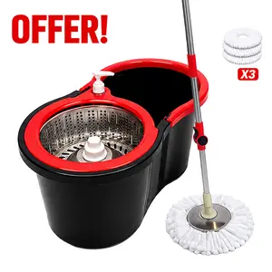 Spin Mop and Bucket System with Wringer Set - Stainless Steel Basket, Adjustable Handle, Foldable Soap Dispenser, 3 Extra Smooth Absorbent Microfiber Heads - Cleaning Supplies and Tools, Housekeeping Essentials for All Floor Types