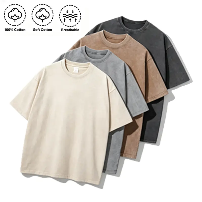 Men's 4-Pack Retro Washed Pure Cotton Crew Neck Tops, Soft Pre-Shrunken Fabric, Baggy 90s Vintage Fashion T-Shirts, Versatile for Streetwear, Sports, Everyday Wear