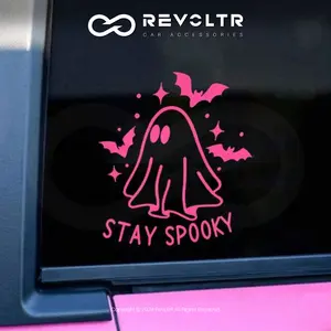 Stay Spooky Ghost And Bat Halloween Sticker, Cute Pink Car Styling Decal, Universal Bumper Sticker for Motorcycle, Self-adhesive Creative Window Waterproof Vinyl Decor, Car Exterior Decoration, Car Accessories, For Tablets, Laptops, Water Bottles, Vehicle