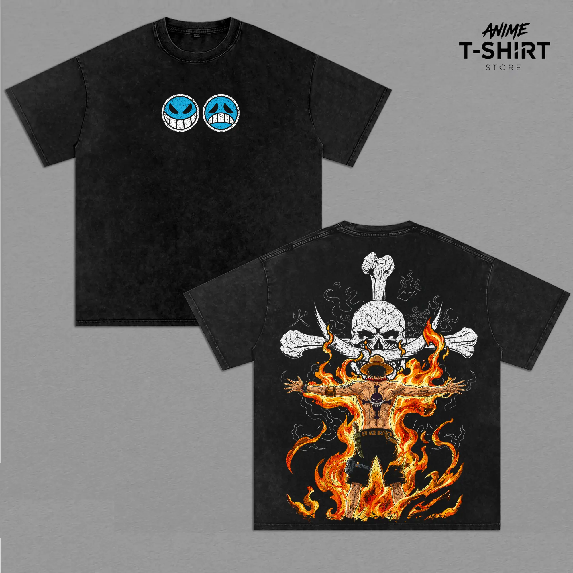 Portgas D Ace - OP Vintage Washed Shirt Fire Fist Ace Graphic Tee Anime Streetwear Oversized Gift for One Piece Fans
