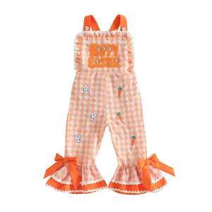 YSHWHWTS Toddler Girls Easter Overalls Plaid Bunny Print Letter Embroidery Sleeveless Bell Bottom Romper
