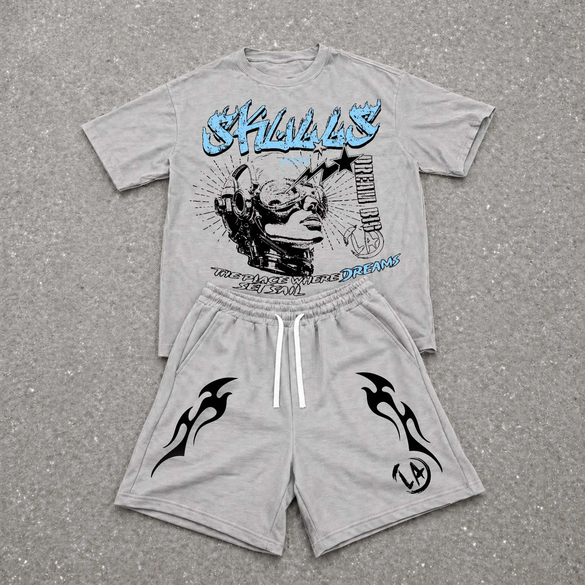 Men’s Summer 2 Piece Set, Hiphop Street Style Personality Letter Print Short Sleeve T Shirt and Drawstring Shorts Matching Outfit, Lightweight Breathable Casual Set for Travel, Streetwear, Beach, Vacation, and Daily Wear