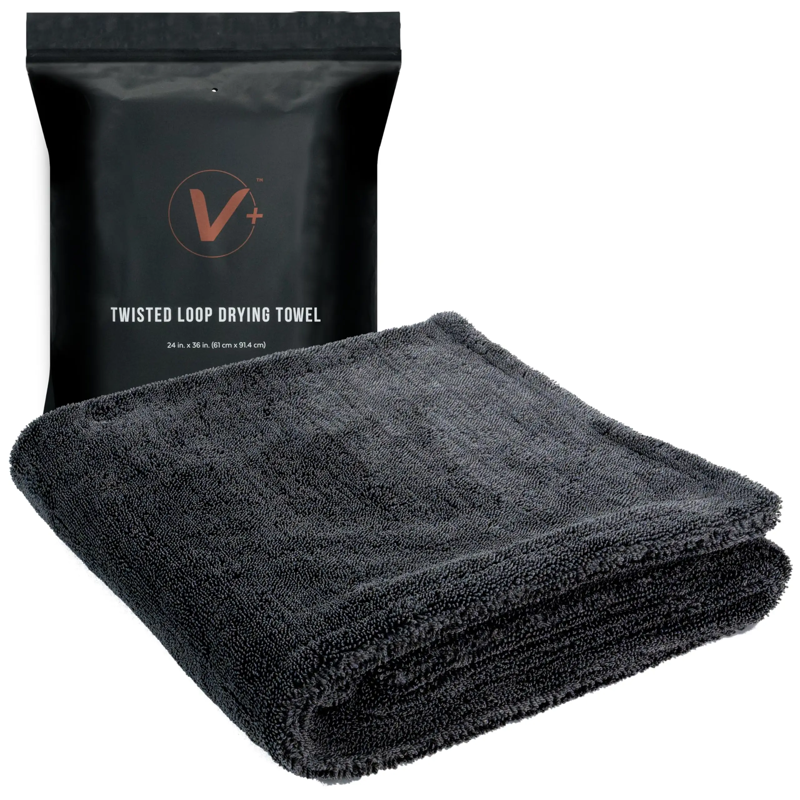 VIKING V+ Premium Microfiber Towel for Car Drying, Twisted Loop, Soft and Super Absorbent, Thick 1200gsm Towel for Car Detailing Kit, Grey, 24 Inch x