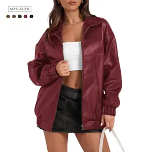 Danedvi Womens Leather Jacket Oversized Faux Casual Zip Up Bomber Motorcycle Jackect Trendy Fall Winter Clothes S-XXL