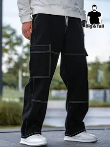 Men's Plus Size Cargo Jeans with Flap Pockets, Wide Leg Fashion Casual Pants for Daily Wear & Outdoor Activities, Comfortable Men's Clothing Trouser
