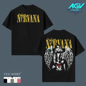 Nirvana Angel Kurt Cobain T-Shirt - Vintage Black Graphic Tee with Gold Nirvana Logo Front, Winged Kurt Holding Rose Back Print, Grunge Rock Band Distressed Streetwear Top Gift for Nirvana Fans