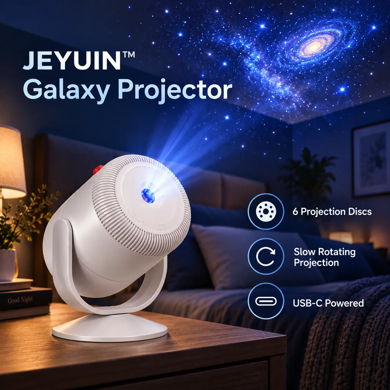 JEYUIN Galaxy Projector for Bedroom, 6 Projection Discs, Slow Rotating Night Light, Adjustable Focus & Angle, USB-C Powered Corded Star Projector for Ceiling & Wall Decor