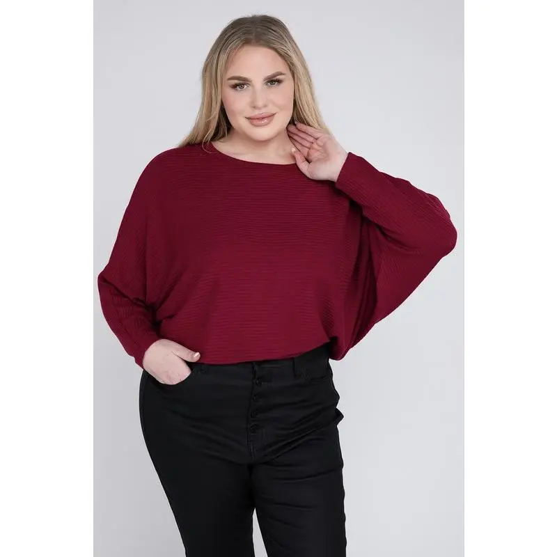 ZENANA Plus Ribbed Batwing Long Sleeve Boat Neck Sweater