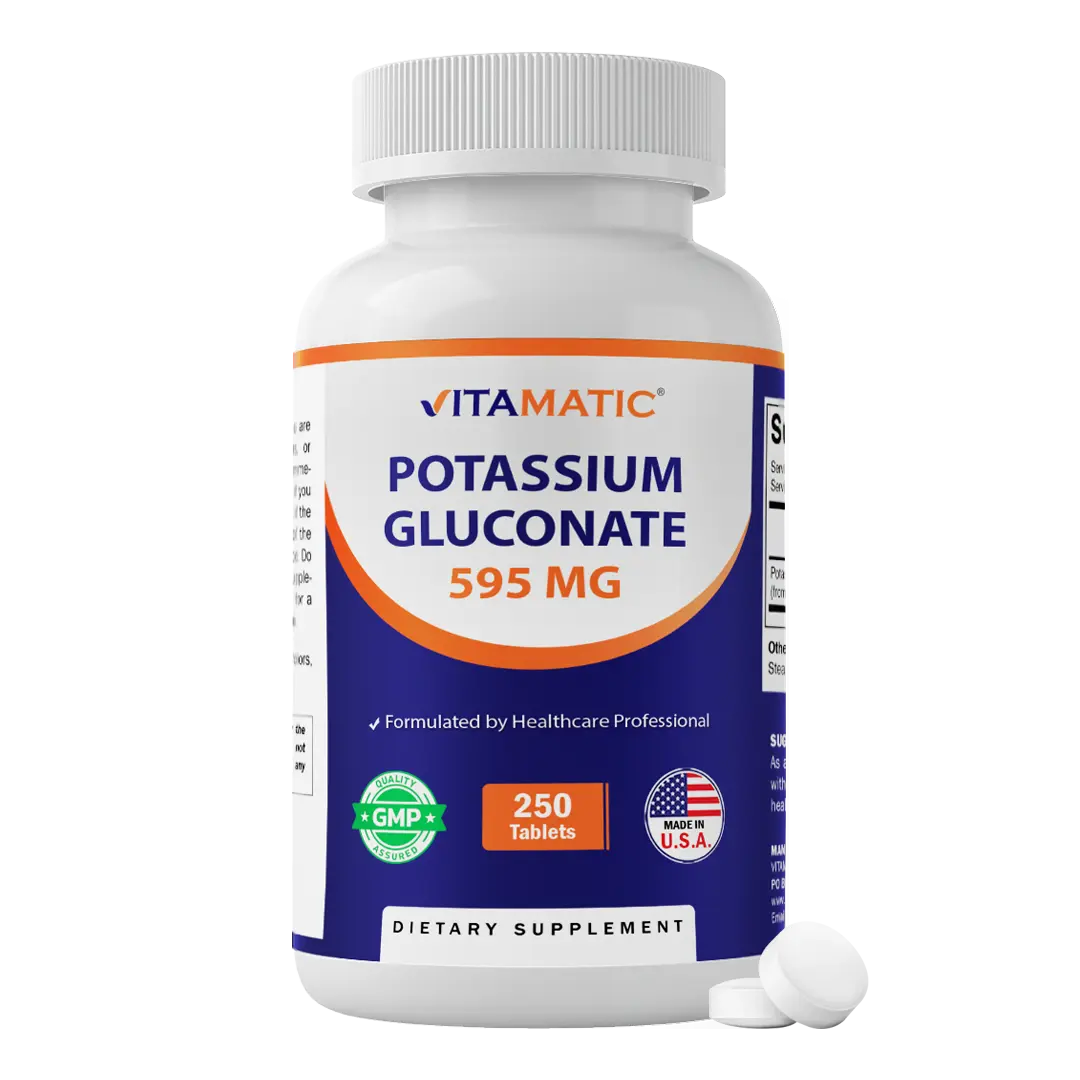 Vitamatic Potassium Gluconate Mineral Dietary Supplement Pills - 595 mg, 250 Tablets - Supports Heart, Muscle, Electrolyte Balance - Non-GMO, Made in USA, Potassium Supplement Pill