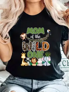 Mom Of The Wild One 1st Birthday  Family Matching T-Shirt Cotton Graphic Tee For Women, Round Neck Short Sleeve Casual Tops
