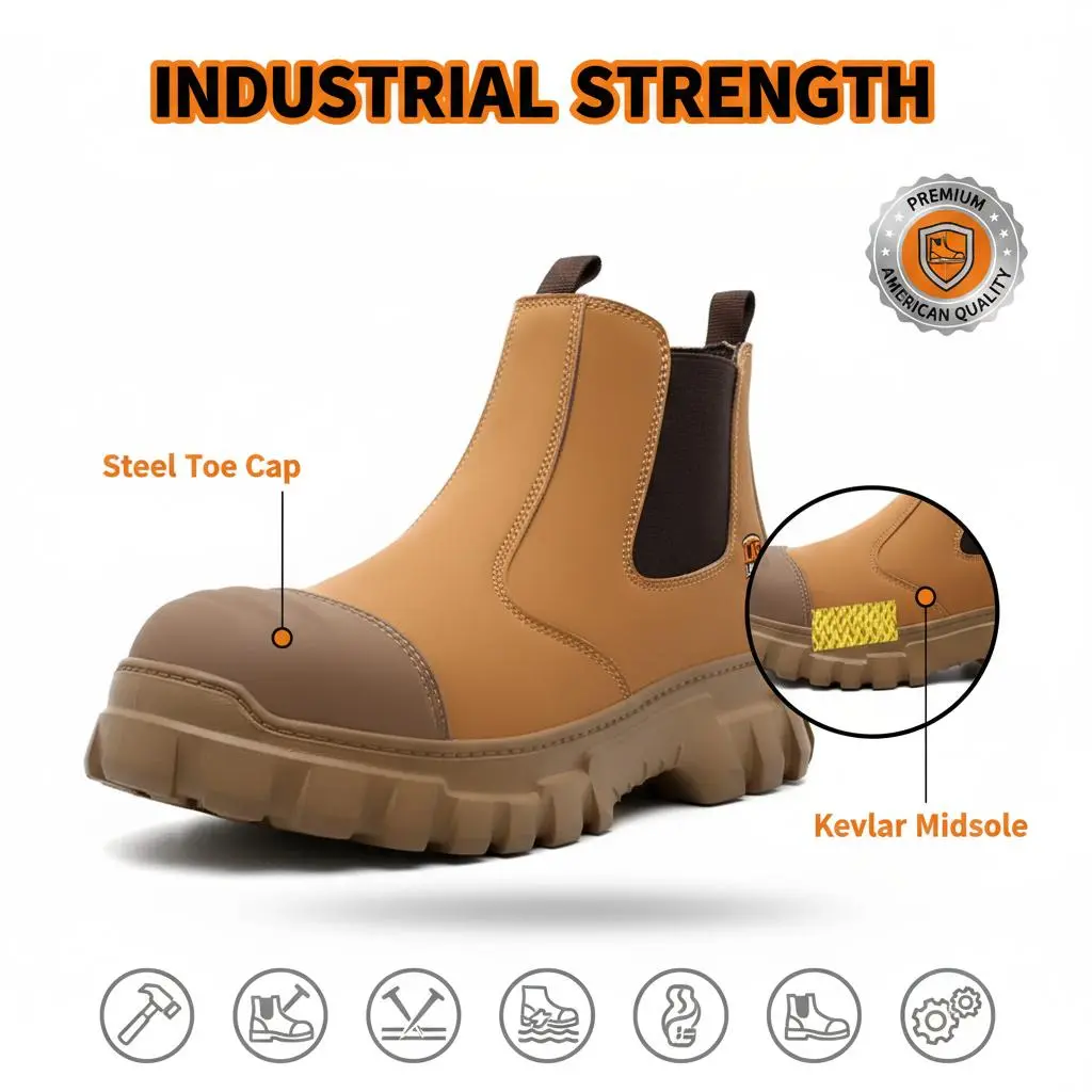 Brown Protective Work Shoes Unisex, Steel Toe, Lightweight Build, Splash Proof Finish, Anti Slip Sole and Puncture Resistance for Mechanic, Garage and Maintenance Tasks