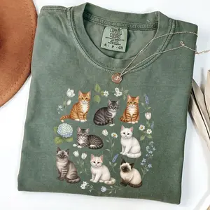 Comfort Colors Cottagecore Cat TShirt, Vintage Cat T-Shirt, Cottagecore Clothes, Cat Lover Gift, Kittens and Pressed Flower, Goblincore T-Shirt