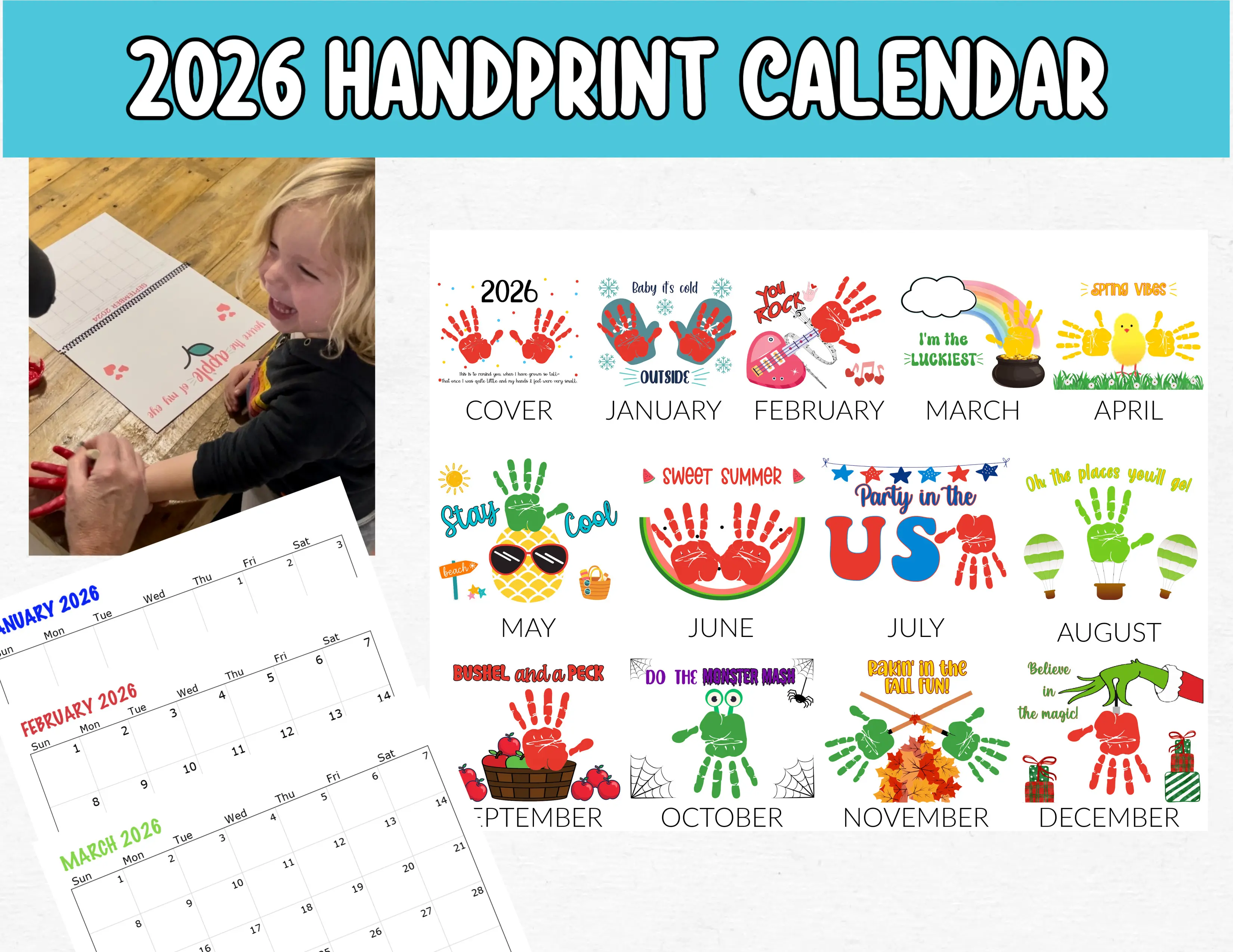 2026 Handprint calendar/keepsake/toddler handprint/handprint art craft/grandparent gift/baby print/preschool craft/memorable gift/Christmas gift Colorful calendar, you just add the Paint!
