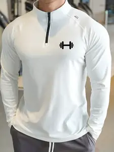 Men's Fitness Half-Zip Long Sleeve Top, Dumbbell Graphic, Breathable Fabric, Stand Collar Design, Ideal for Gym Workouts & Daily Wear, Athletic Shirt, Half Zip Sportswear