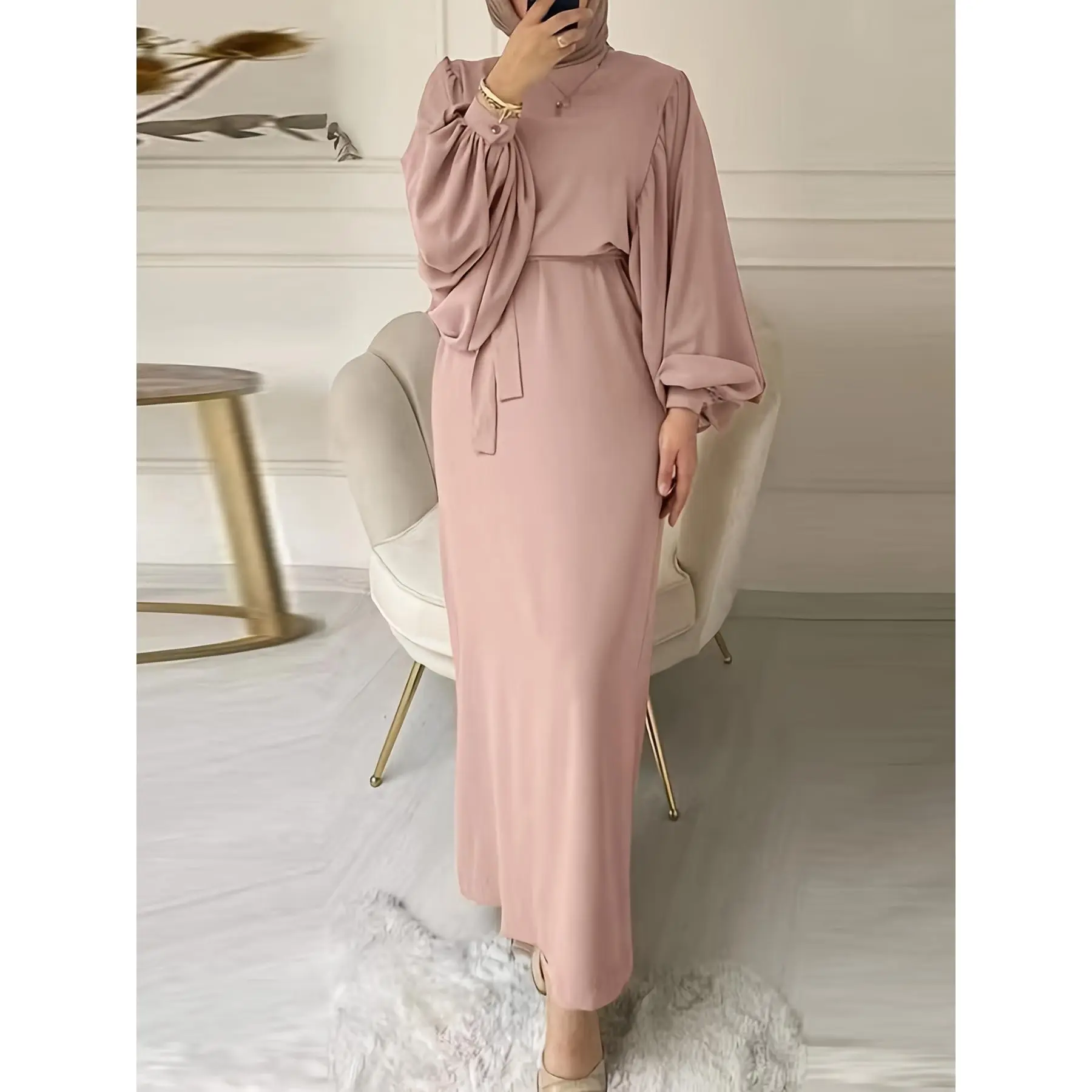 Women's Long Sleeve Abaya Dress - Modern Arabic Style Solid Color Round Neck Lantern Sleeve with Adjustable Waist Belt, Lightweight Breathable Fabric for Casual, Office & Vacation Wear, Casual Modest Attire| Elegant Silhouette Design