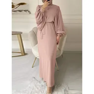 Elegant Black Maxi Dress for Women - Solid Color, Round Neck, Lantern Sleeves, Tie-Waist, Modern Arabic Style, Casual to Formal Wear, Lightweight Polyester, Perfect for Spring/Summer/Fall, Casual Arabic Wear| Modern Maxi Dress| Flowing Abaya