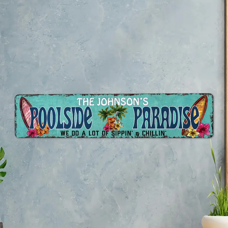 Personalized Poolside Paradise Sign, Pool Bar Decor Poolside Paradise, Tiki Bar Sign, Outdoor Pool Sign, Personalized Gift, Patio Decor