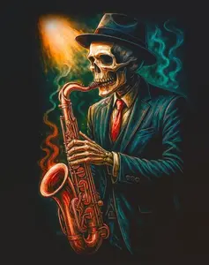 Halftone Skull Saxophone Player Design Ready-to-Press DTF Direct-to-Film Heat Transfer, DIY Decoration Craft Embellishments, Specialty DIY Hobby Supply for Black Fabric