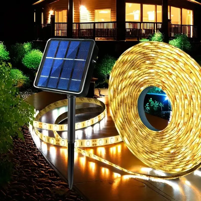 Solar Powered LED Strip Light, 300 LED 16.4ft Light Strip, Outdoor Light Strip with 8 Lighting Modes, Auto on/Off Light Strips, Solar Strip Lights for Stairs, Gazebo, Pool, Stairs, Porch, Solar Led Patio