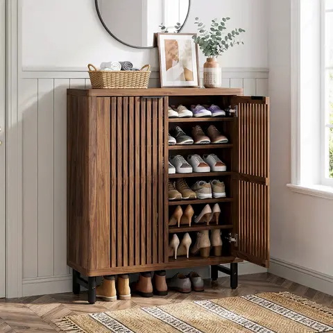 Spaco 6-Layer Ventilated Wooden Footwear Organizer - Furniture-Style Shoe Rack Cabinet, 33.46"w x13.78"d x43.31"h, Adjustable Shelving, Breathable Louvers Doors, Rounded Safe Edges, Durable Lightweight, Assembly Required for Entryway