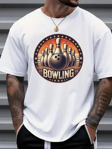 Vintage Bowling League Fun Print T-Shirt, Comfortable Casual Wear, Bowling Enthusiast Style, Men's Daily/at-Home Short Sleeve