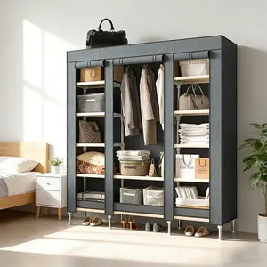 Portable Wardrobe with Metal Frame Easy Assembly Dust-Proof 11 Storage Spaces 1 Hanging Area for Dormitories Rental Roomsetal Folding Stackable Closet