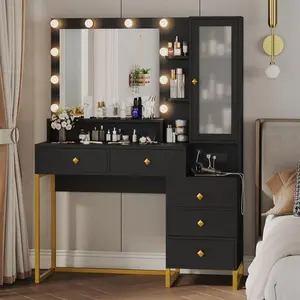 Sikaic Large Makeup Vanity with Nightstand Mirror and Lights & Charging Station 5 Drawers and Storage Shelves