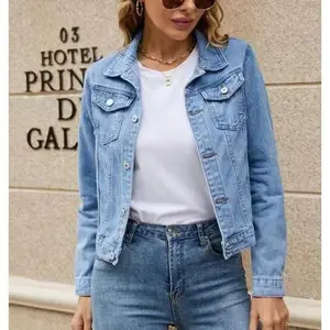 Women's Basic Button Down Stretch Fitted Long Sleeves Denim Jean Jacket