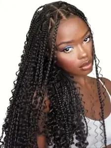 Black Boho Style Chic Curly Box Braids Wig, Triangle Knotless Box Braided Full Lace Front Wigs, with Baby Hair Bangs, Synthetic Fiber Wigs for Women