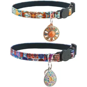 2 Pack Cat Collar Breakaway Cat Collar Set with Tassel Tribal Aztec Pattern Adjustable Safety Kitten Collar with Bell (Orange + Blue)…