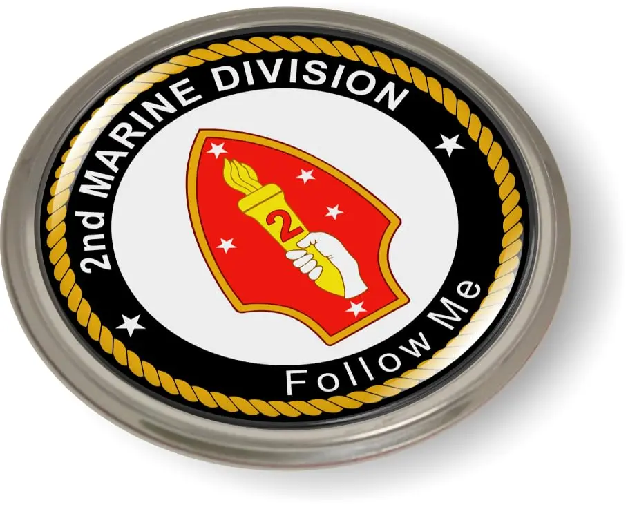 Officially Licensed USMC Custom Aluminum Car Emblem Badge Sticker - 2nd Marine Division 3D Domed Round, 3" Outside Diameter, 1/8" Thick, 3M Adhesive Foam, Flexible, Custom Promotional Product with Protection