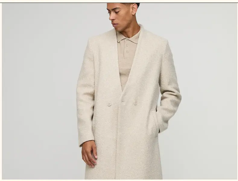 Dapper David Men's Beige Overcoat Stylish Long Coat with Double-Breasted Design Notched Collar & Long Sleeve