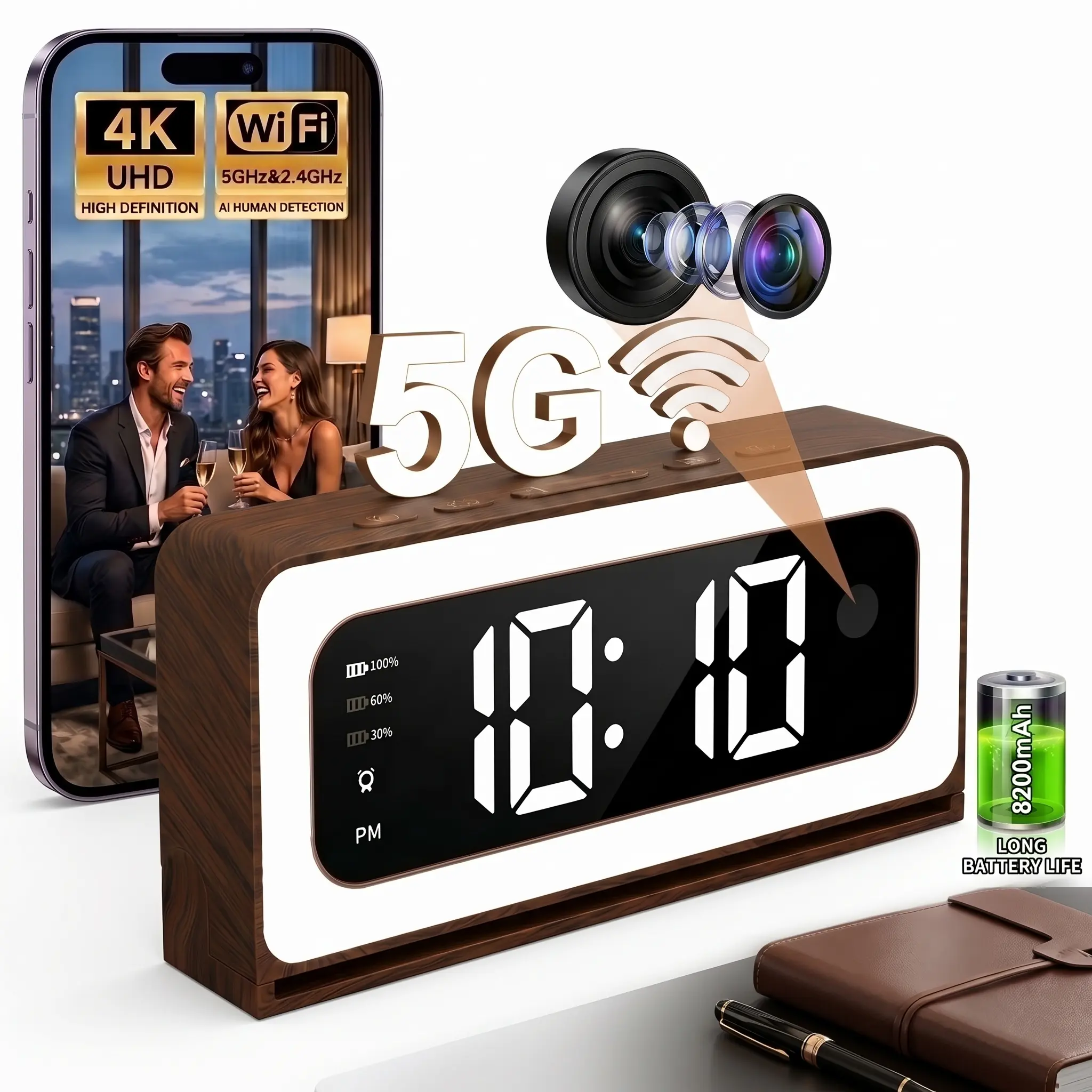 4K Camera Clock - 5G&2.4GHz Wi-Fi Security Camera, Color night vision, Wide-Angle View, Wireless Nanny Recorder, Indoor Home Office Monitor, Night Vision, Motion Detection