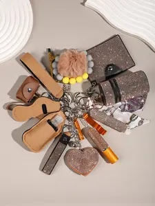 17-piece set brown women rhinestone Stylish Keychain suit wristband keychain with storage bag and pompom card bag accessories kit, keychain suit, strong material suitable for holiday family and friends daily use, Trendy Cute Keychain