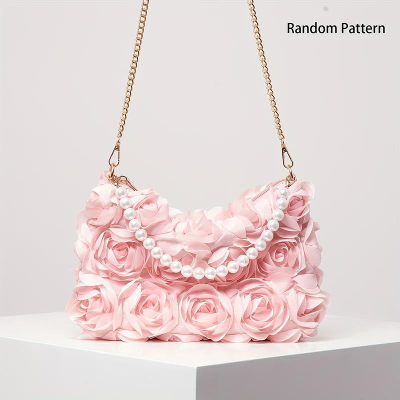 [Wedding Accessory] Elegant Rose-Embellished Crossbody Bag with Faux Pearl Accents - Sweet Pink Floral Evening Clutch, Ideal Valentine's Gift for Women, Polyester Lining, Zip Closure, Wedding Gifts