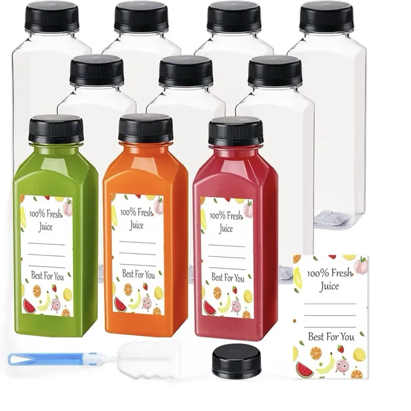 10 Pack 12 oz Clear Plastic Juice Bottles with Caps Reusable Food Grade Sealed Leakproof Lids, Lightweight 12 oz Food-Grade Plastic Containers for Lemonade, Cold Brew, Milkshakes & Juicing