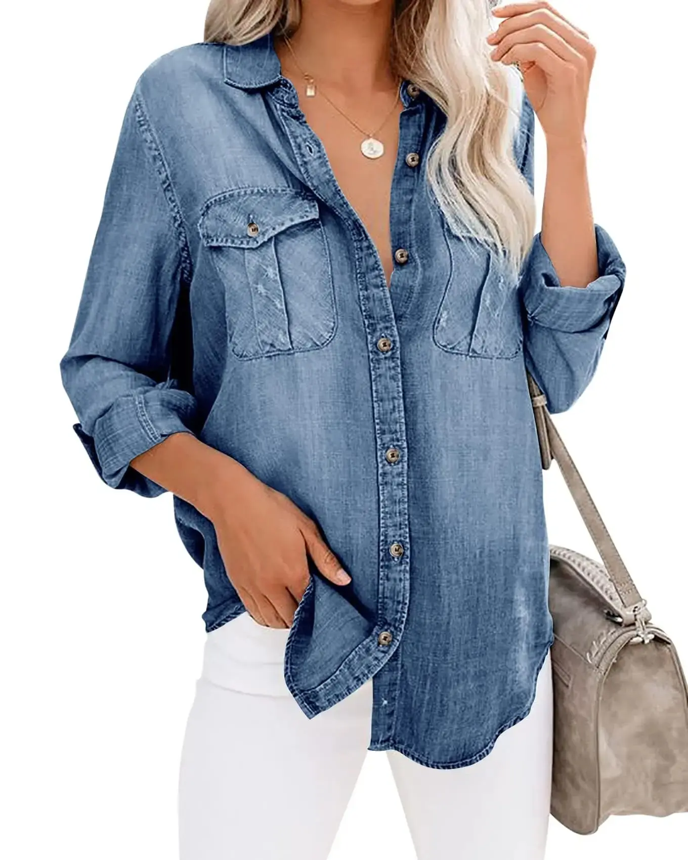 Women Spring Summer Button Down Denim Shirt Long Sleeve Roll Up Casual Oversized Jean Shirt Jacket Distressed Tunic Tops for Daily 2026 Soft Breathable Lightweight Comfy Weekend Vacation Streetwear