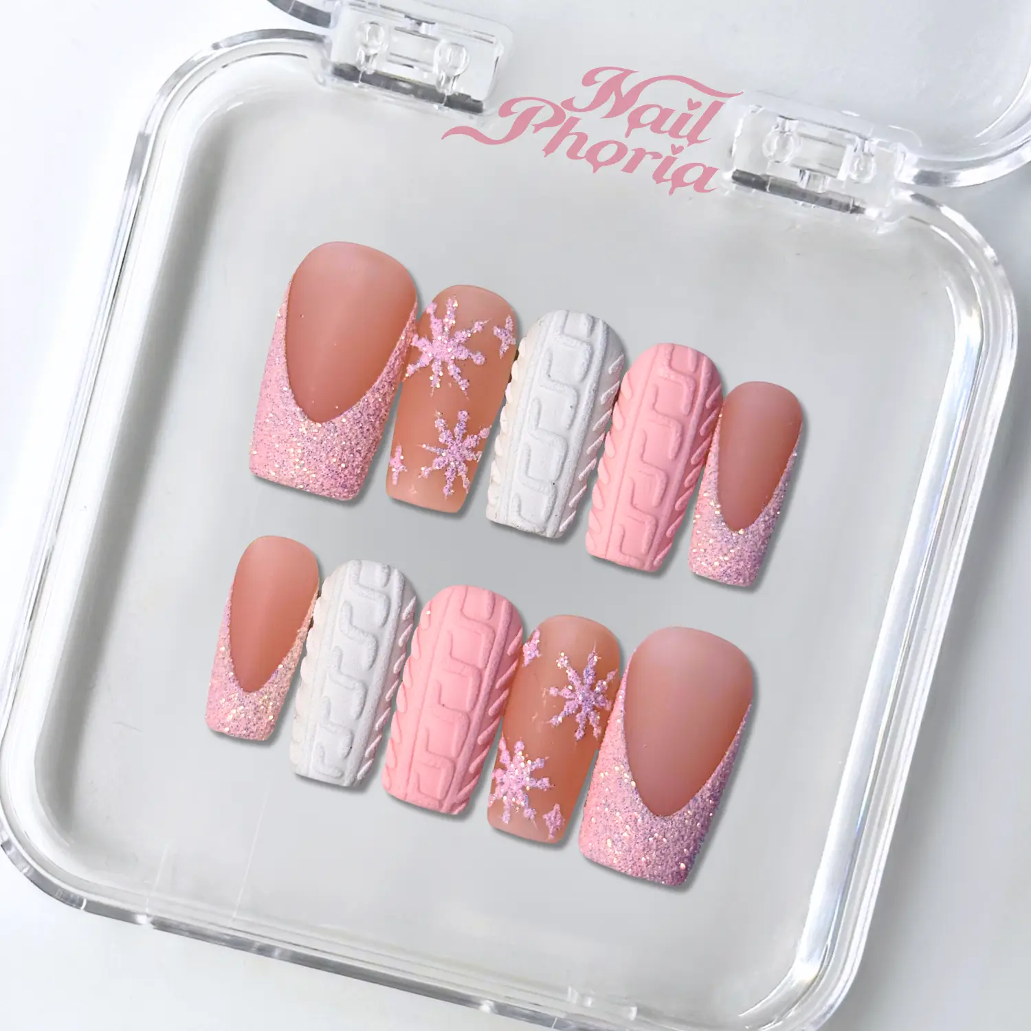 NailPhoria BLUSH KNIT - Handmade Press-On Nails | Reusable, Salon-Quality, Long-Lasting, Glossy Design