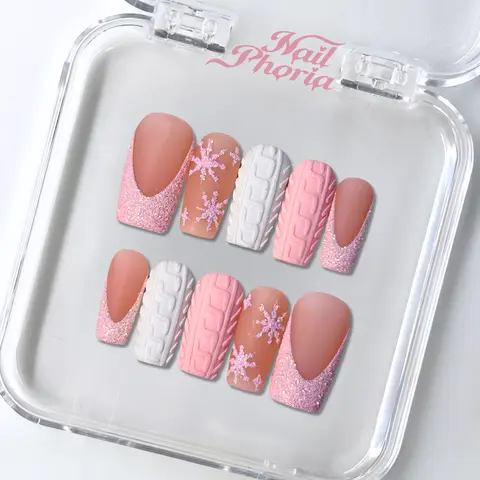 NailPhoria BLUSH KNIT - Handmade Press-On Nails | Reusable, Salon-Quality, Long-Lasting, Glossy Design
