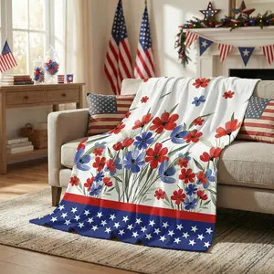 Horaldaily 4th of July Flannel Blanket Throw, Watercolor Poppy Flowers Independence Day Memorial Day Soft Fuzzy Plush Cozy Fleece Blankets for Couch Sofa Bed Decor, Ideal Gifts for Kids Adults 60x80