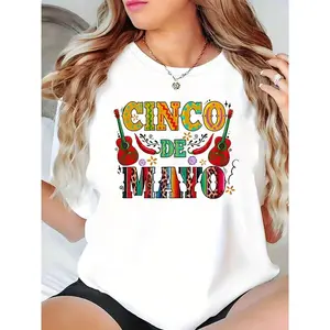Women Cinco De Mayo Guitar And Pepper Print Fashion T Shirt White Festival Party Wear
