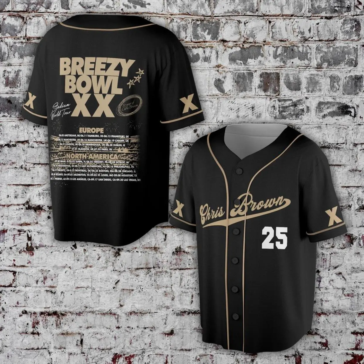 Breezy 2025 Tour Chris Baseball Jersey Buttons With Breathable For Music Concert Unisex Wear jersey Breathable Men's Baseball