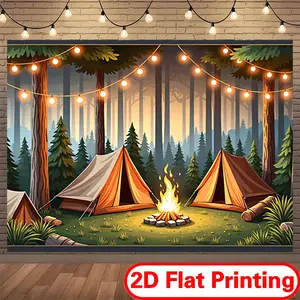 2D Flat Printing Polyester Banner Backdrop Decoration for Pool Parties & Beach Gatherings with Campfire and Tent Scene